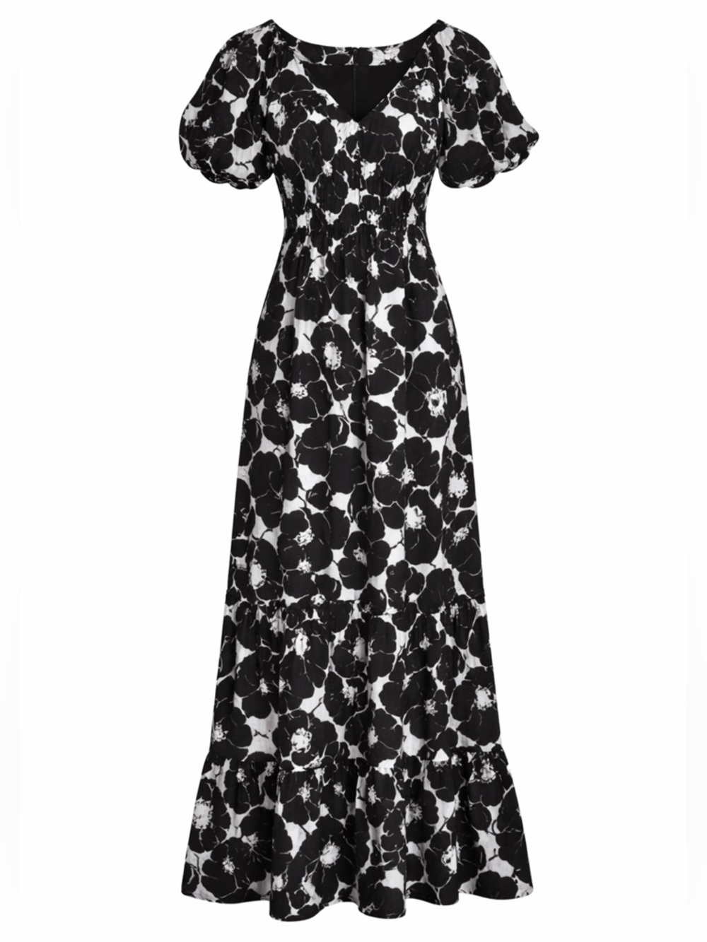 Nine West Black White Floral Maxi Dress Puff Sleeve V Neck Boho Romantic XS